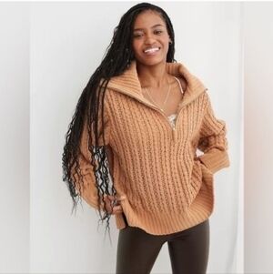 Aerie Cable Car Quarter Zip Sweater, Womens XXS, Chenille, Copper Gold Brown